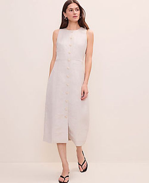 Ann Taylor Petite Button Midi Dress in Linen Blend