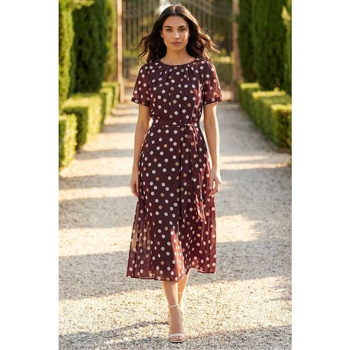 Roman Womens Polka Dot Pleat Neck Midi Dress - Brown