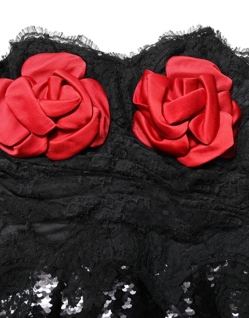 Floral Rose-Appliqué Sequined Dress — Black