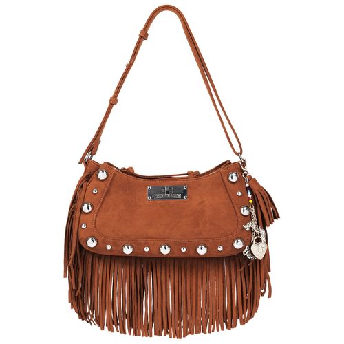 Vintage Dangle Fringe Hobo Bag with Studded Trim and Charm Accents