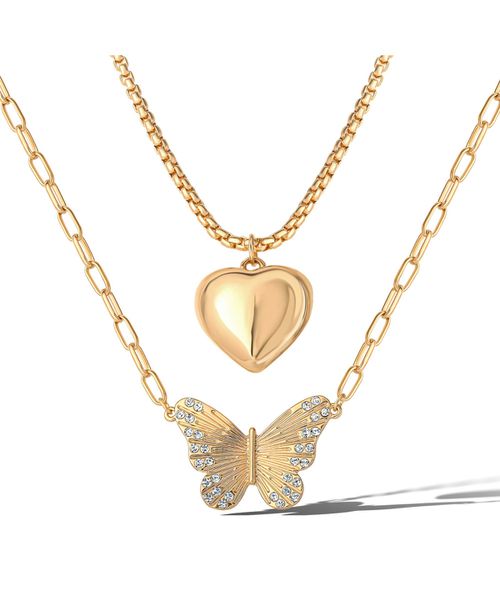 Butterfly and Heart Layered Necklace - Gold tone