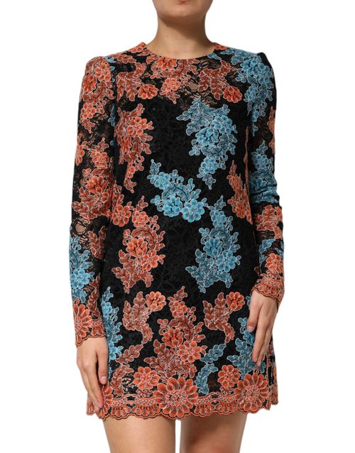 Floral-Embroidered Lace Tunic — Black