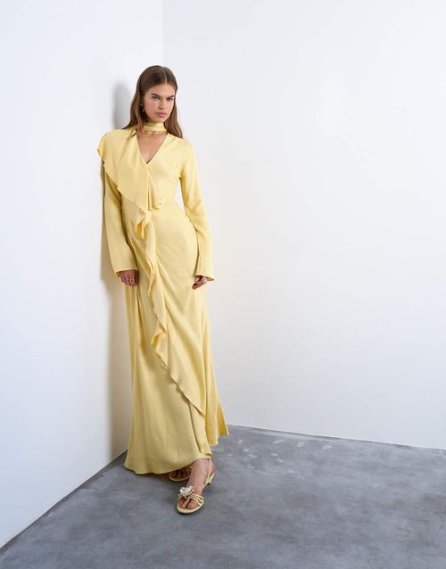 Long sleeve ruffle maxi dress with scarf wrap detail in buttermilk-Yellow