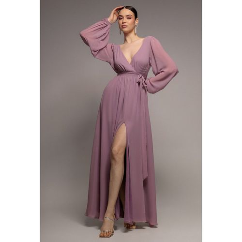 Goddiva Sustainable Front Split Wrap Style Chiffon Maxi Dress - Dusty Lavender