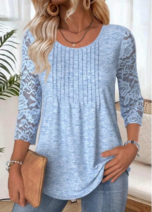 Modlily Light Blue 3/4 Sleeve Round Neck T Shirt