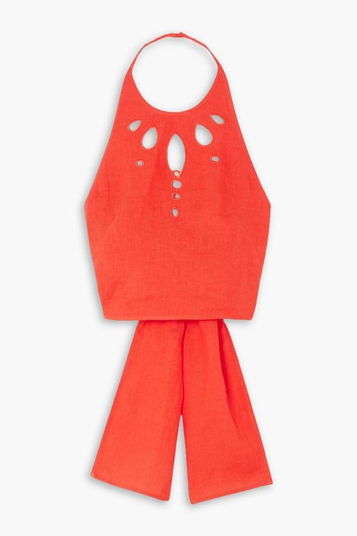 Savannah tie-detailed cutout linen halterneck top - Red - UK 10