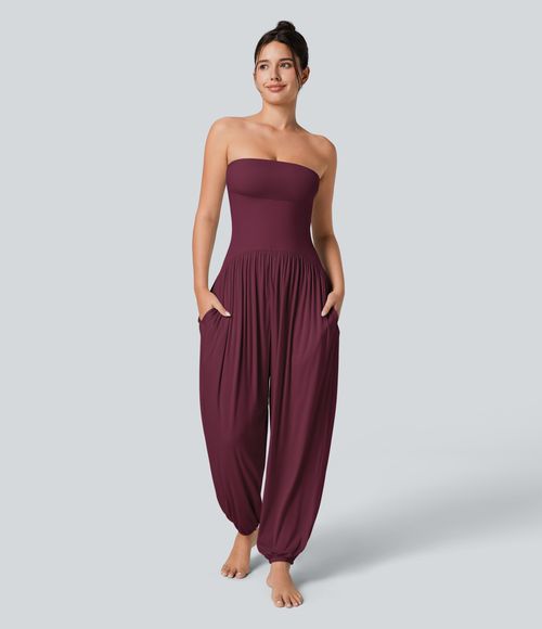 Ribbed Tube Backless Side Pocket Casual Jumpsuit  - Maroon Banner