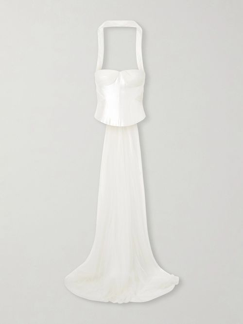 Viola Gathered Draped Tulle-trimmed Wool And Silk-blend Twill Top