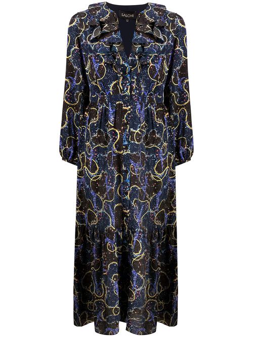 Mixed print flared dress - Blue