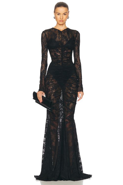 Norma Kamali Long Sleeve V Neck Shirred Front Fishtail Gown in Black - Black.  XS also in