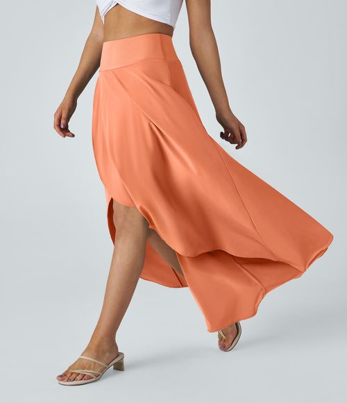 Breezeful™ High Waisted High Low Ruffle 2-in-1 Flowy Quick Dry Casual Regular Maxi Skirt  - Flamingo