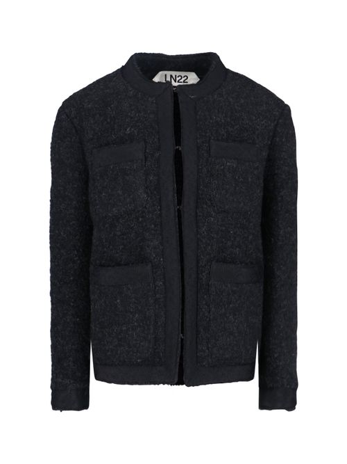Textured Wool Blend Jacket with Round Neckline