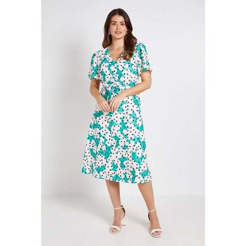 Wallis Womens Floral Polka Dot Tie Front Midi Dress - Green