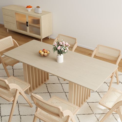 Japandi Extendable Whitewash Dining Table & 4 Dining Chairs Set Folding Rattan