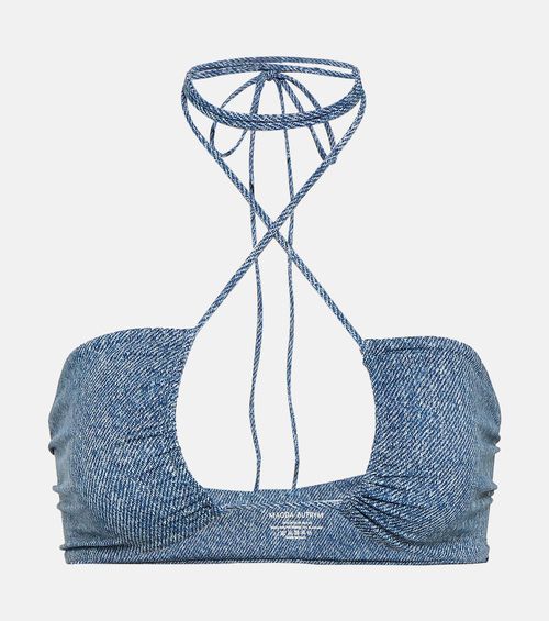 Denim-printed halterneck bikini top