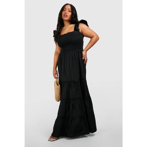 Boohoo Women's Plus Cotton Frill Sleeve Maxi Smock Dress in Black