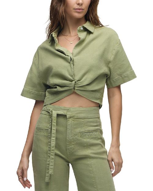 Knotted Button Down Linen-Blend Shirt