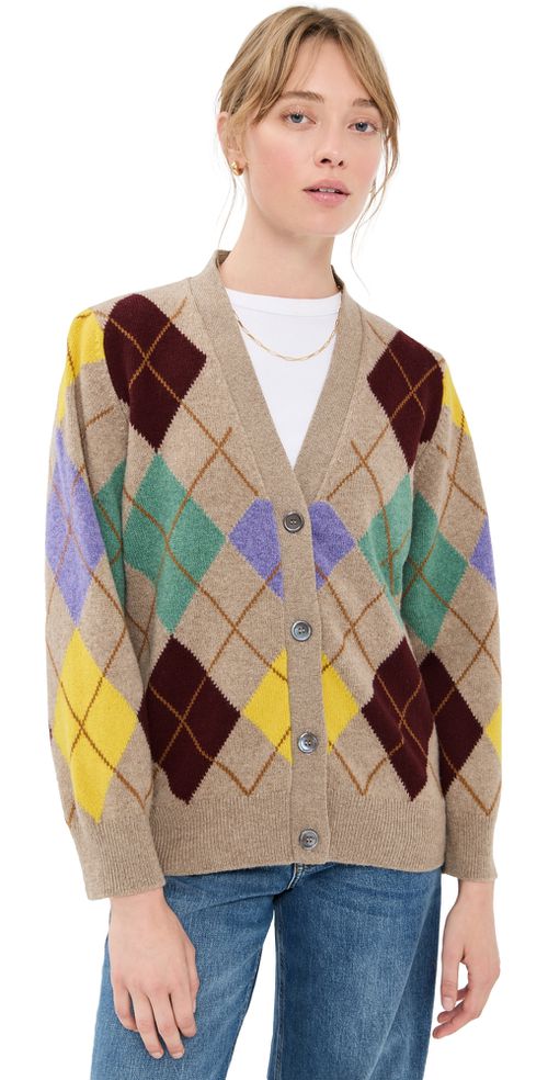 &Argyle Grandad Lambswool Cardigan Dark Natural With Yellow