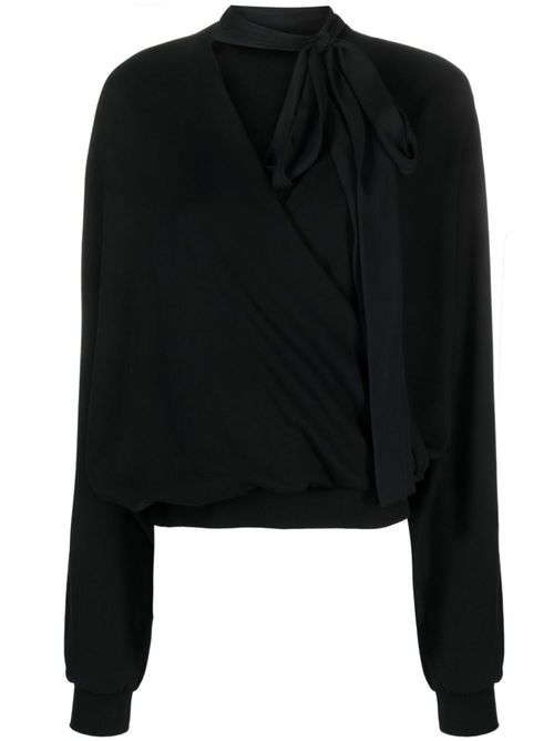 Attached-scarf wrap blouse - Black
