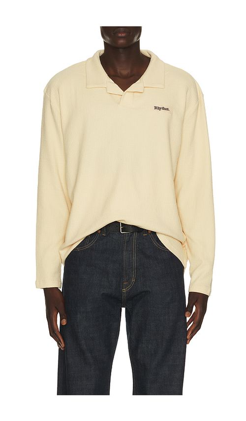 Rhythm Waffle Rugby Polo in Cream. L. Also in M, S, XL/1X