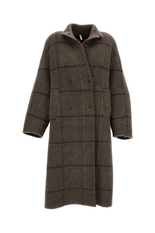 Oversized Double-Breasted Coat with Multicolor Herringbone Pattern