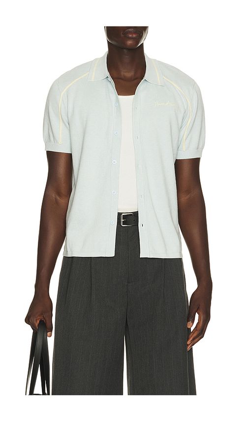 House of Sunny Button Down Knitted Polo in Baby Blue. L. Also in M, S, XL/1X