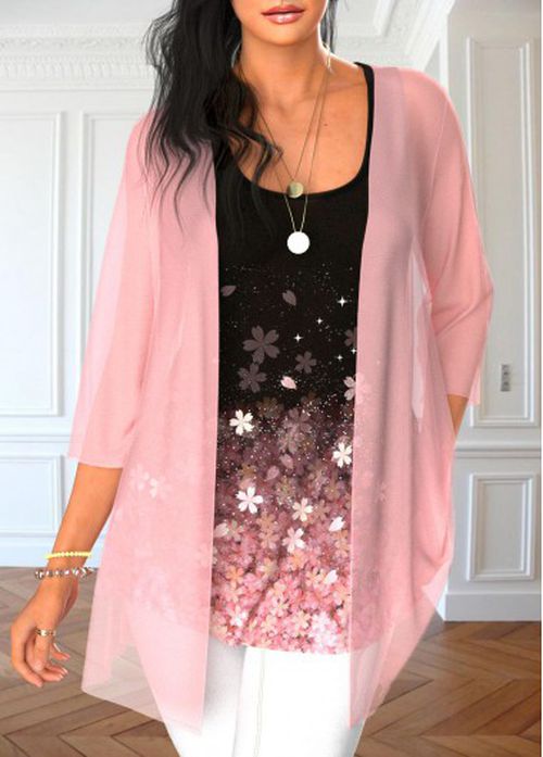 Modlily Light Pink Floral Print Cardigan and Tank Top