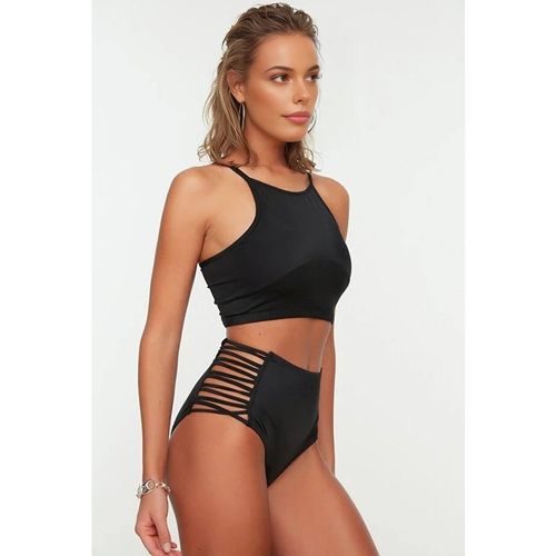 Wovcor Strappy Side Super High Waist Bikini Bottom With Cut Out Detail In Black