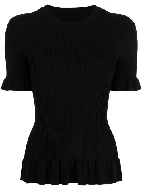 Ruffle-trim ribbed knitted top - Black
