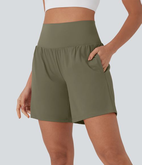 "Softlyzero™ Airy Super High Waisted 2-in-1 Cool Touch Yoga Shorts 7"" with Pockets Gym Short - Withered Green