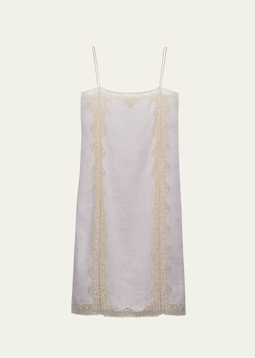 Linen Midi Dress with Lace Embroidery