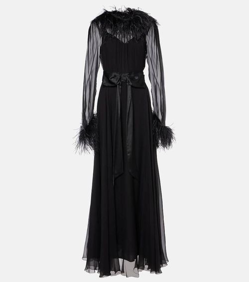 Feather-trimmed silk gown