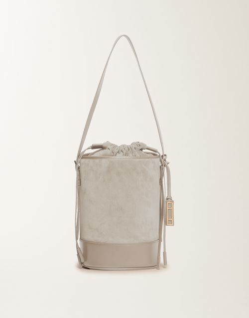 Suede and leather bucket bag, ice gray