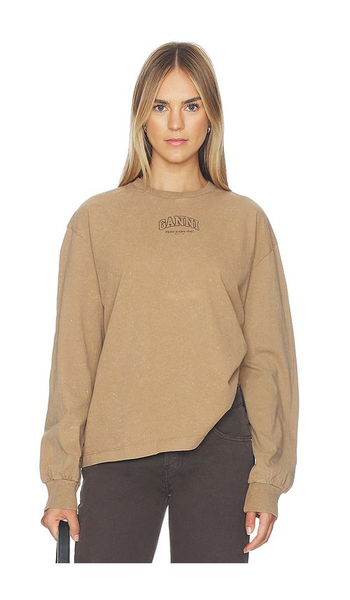 Ganni Future Essentials Washed Effect Long Sleeve Pullover in Brown. XL. Also in L, M