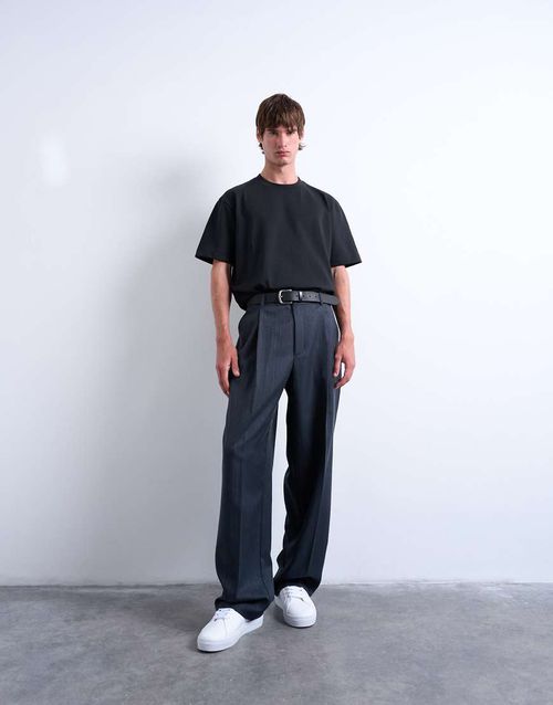 Wide leg pleated stripe trouser in grey