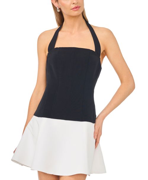 Women's Square Neck Halter Combo Mini Dress - Rich Black