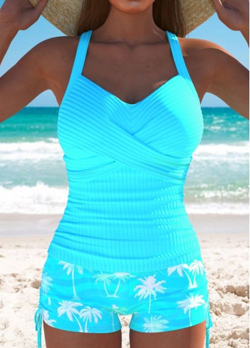 Modlily Criss Cross Mid Waisted Tropical Plants Print Tankini Set