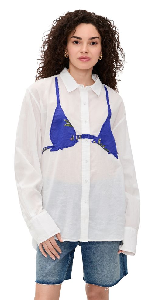 Business Casual Button Down Shirt White w/ Palm Deep Periwinkle One Size