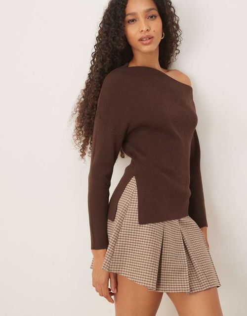 Knit asymmetric off-shoulder top in rib in chocolate-Brown