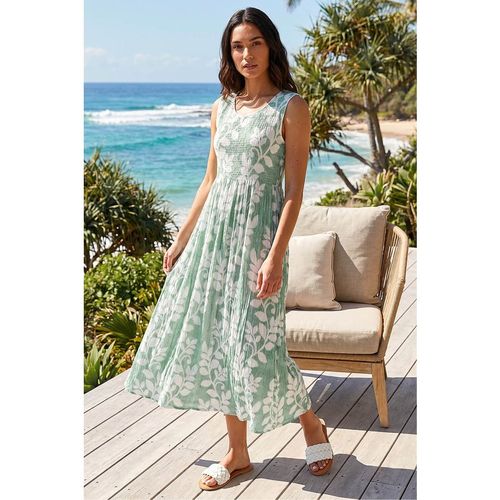 Roman Womens Leaf Print Crinkle Midi Dress - Green