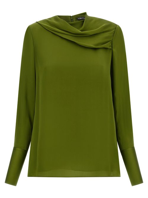 Draped Neck Silk Blouse — olive green