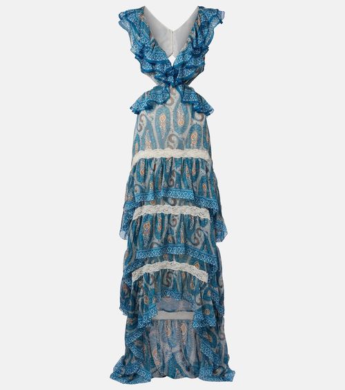 Paisley lace-trimmed ruffled silk maxi dress