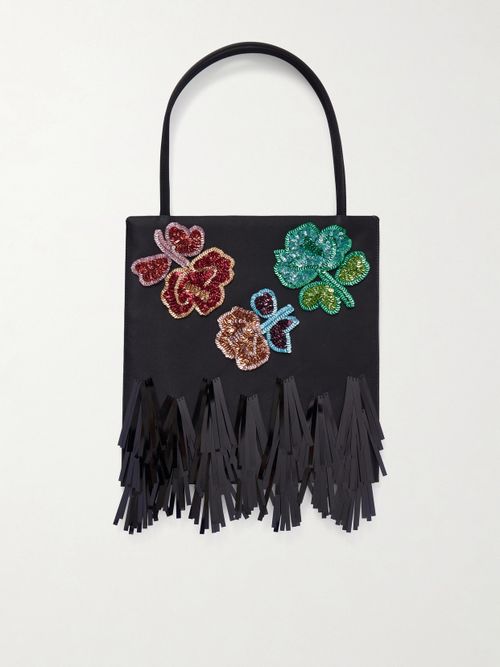 Sequin-embellished Satin Tote Bag - Black
