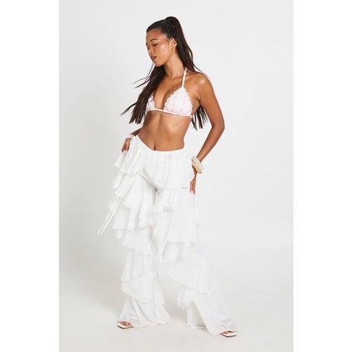 Boohoo Women's Low Rise Chiffon Ruffle Flared Trousers in White