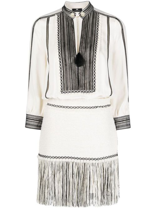 Fringed georgette and tweed minidress - Neutrals