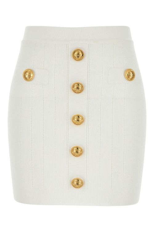 Gold-Button Ribbed Skirt — White