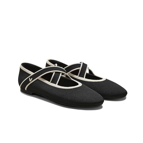 VIVAIA Nia Women’s Mary Jane Flats Shoe with Cross-Strap Style Almond Toe Comfortable Ballet Flats for Casual Daily Wear - Black Cream Ivory