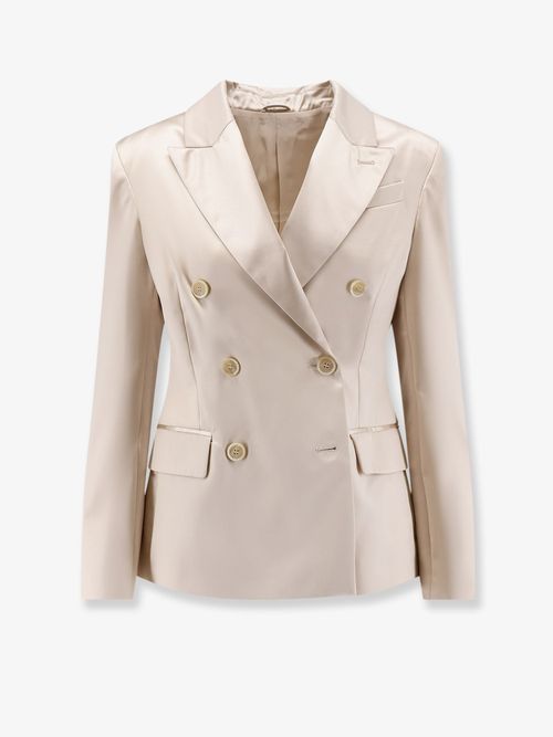 Double-Breasted Silk Blazer — Beige