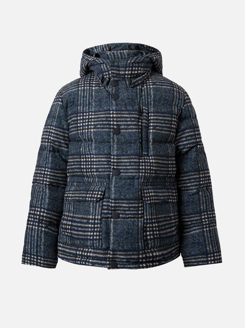 Hooded Down Padded Jacket Young With Prince Of Wales Print Blue