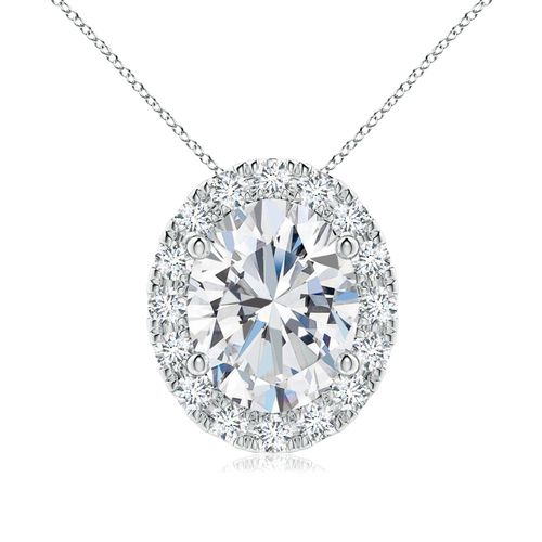 Angara 1.76 Carats Prong-Set Oval Lab-Gown Diamond Halo Pendant in Platinum